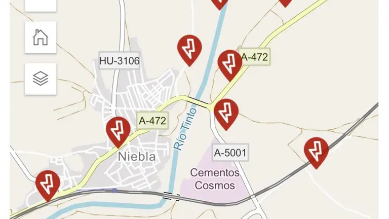 Mapa de los cortes de luz en el término municipal de Niebla / Fotografía: Ayuntamiento de Niebla.