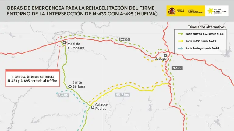Cortes de tr&aacute;fico en la N-433 por obras de rehabilitaci&oacute;n del firme en Rosal de la Frontera