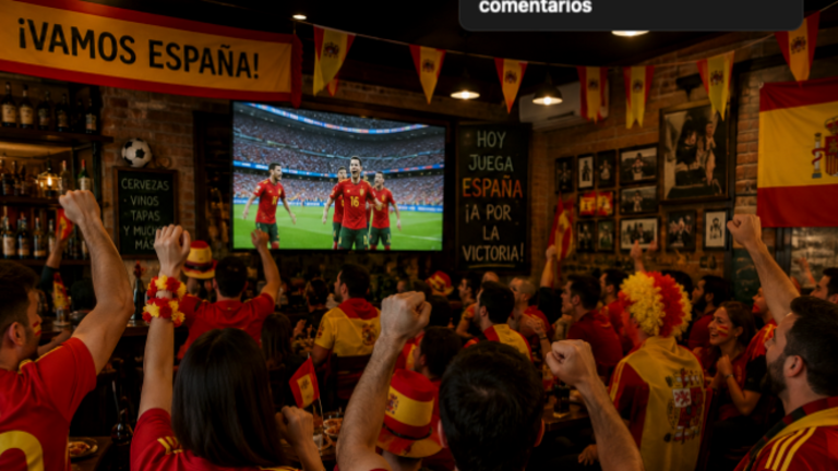 Recreaci&oacute;n del ambiente en un bar animando a Espa&ntilde;a.