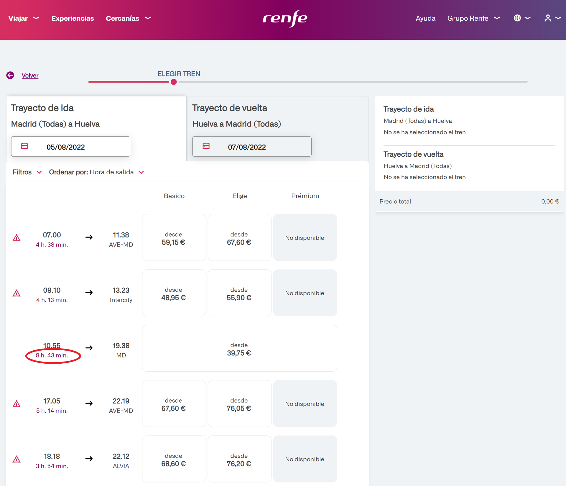Renfe Madrid-Huelva agosto