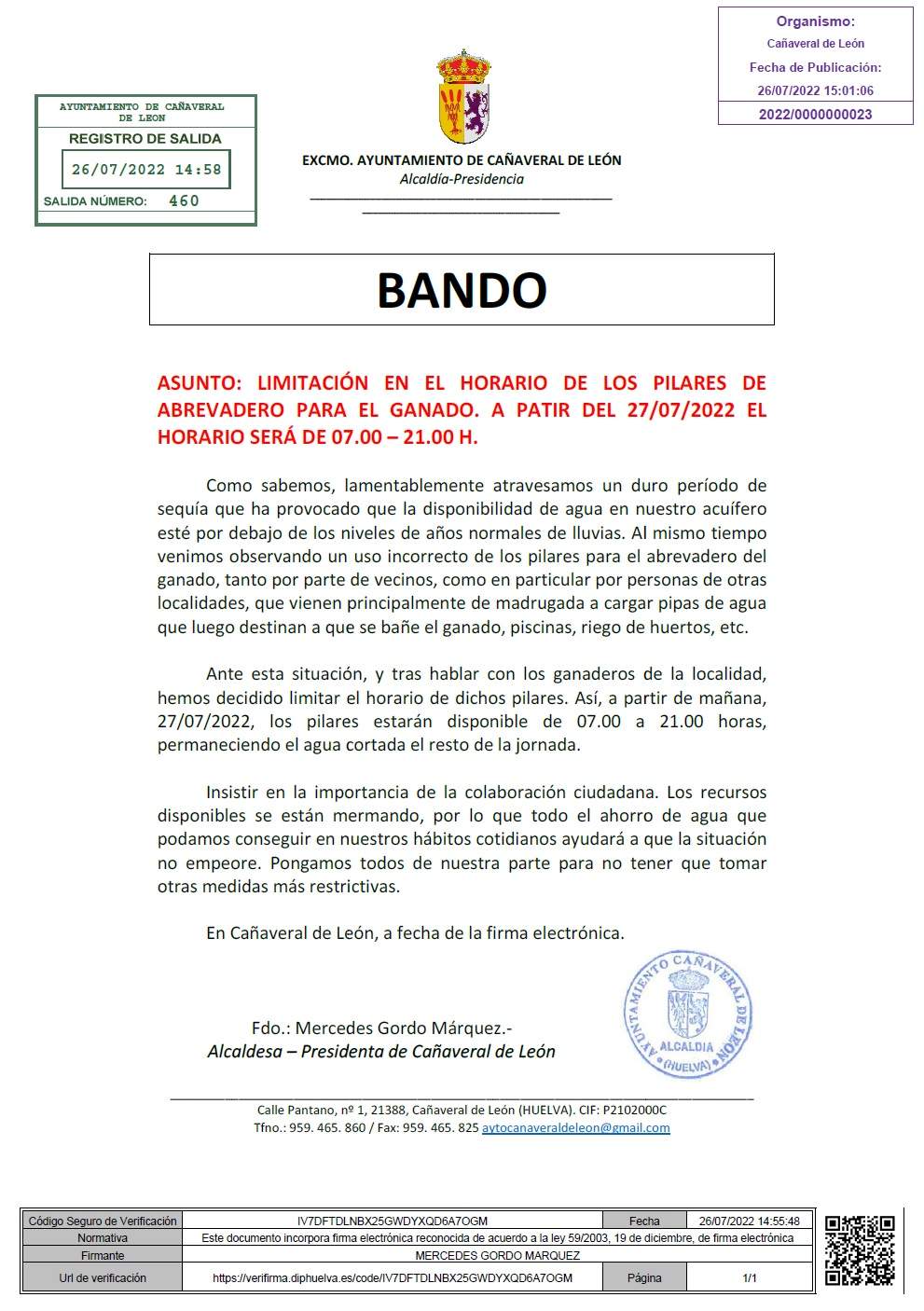 Bando de Cañaveral donde denuncia el robo de agua