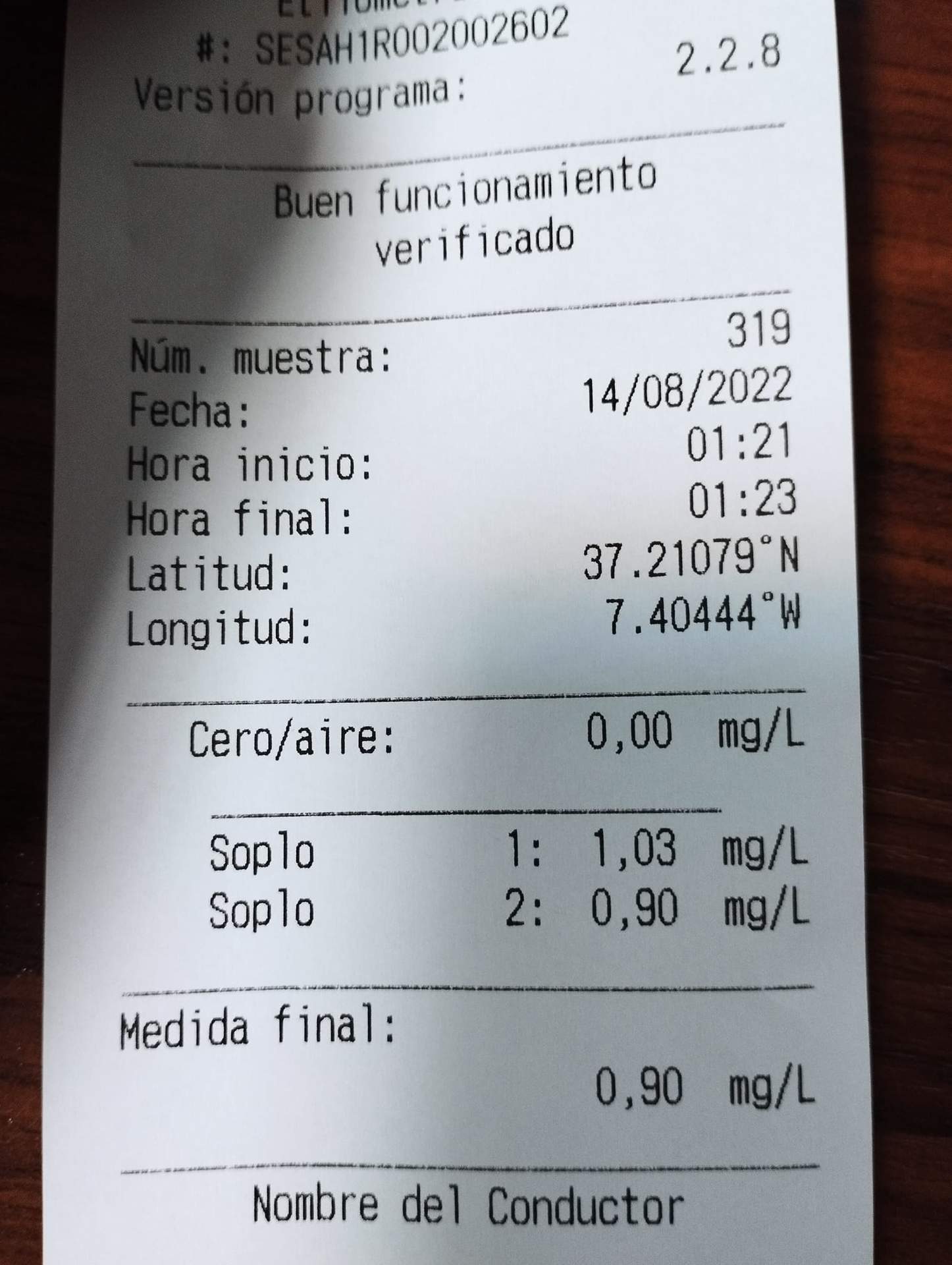 Test de alcoholemia practicado al conductor