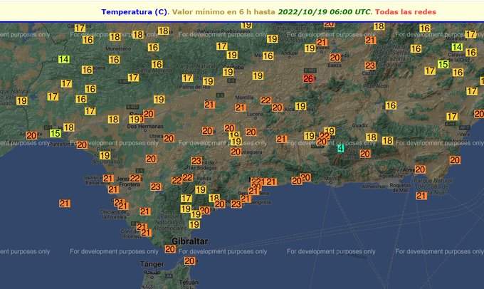 Mapa de temperaturas, donde se observa la de Huelva.