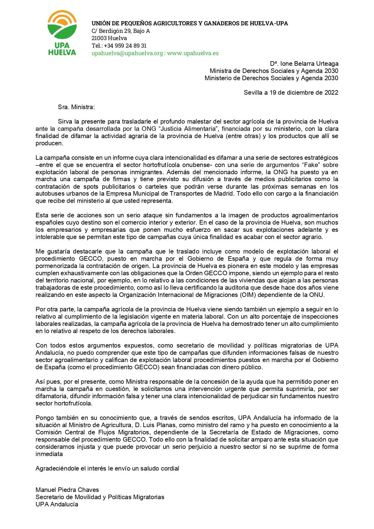 carta a Ministro agenda 2030