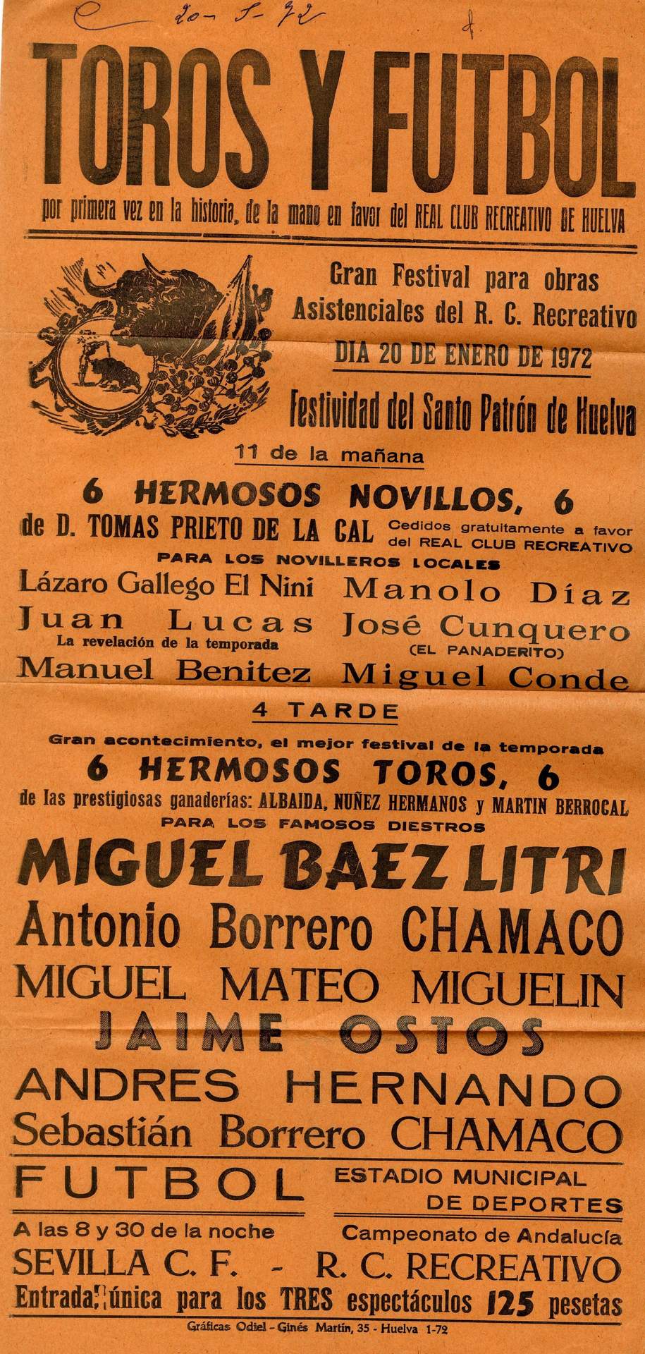 Cartel taurino y de fútbol con motivo de las fiestas patronales de 1972 a favor del Real Club Recreativo de Huelva (AMH-Fondo digital AJMN)