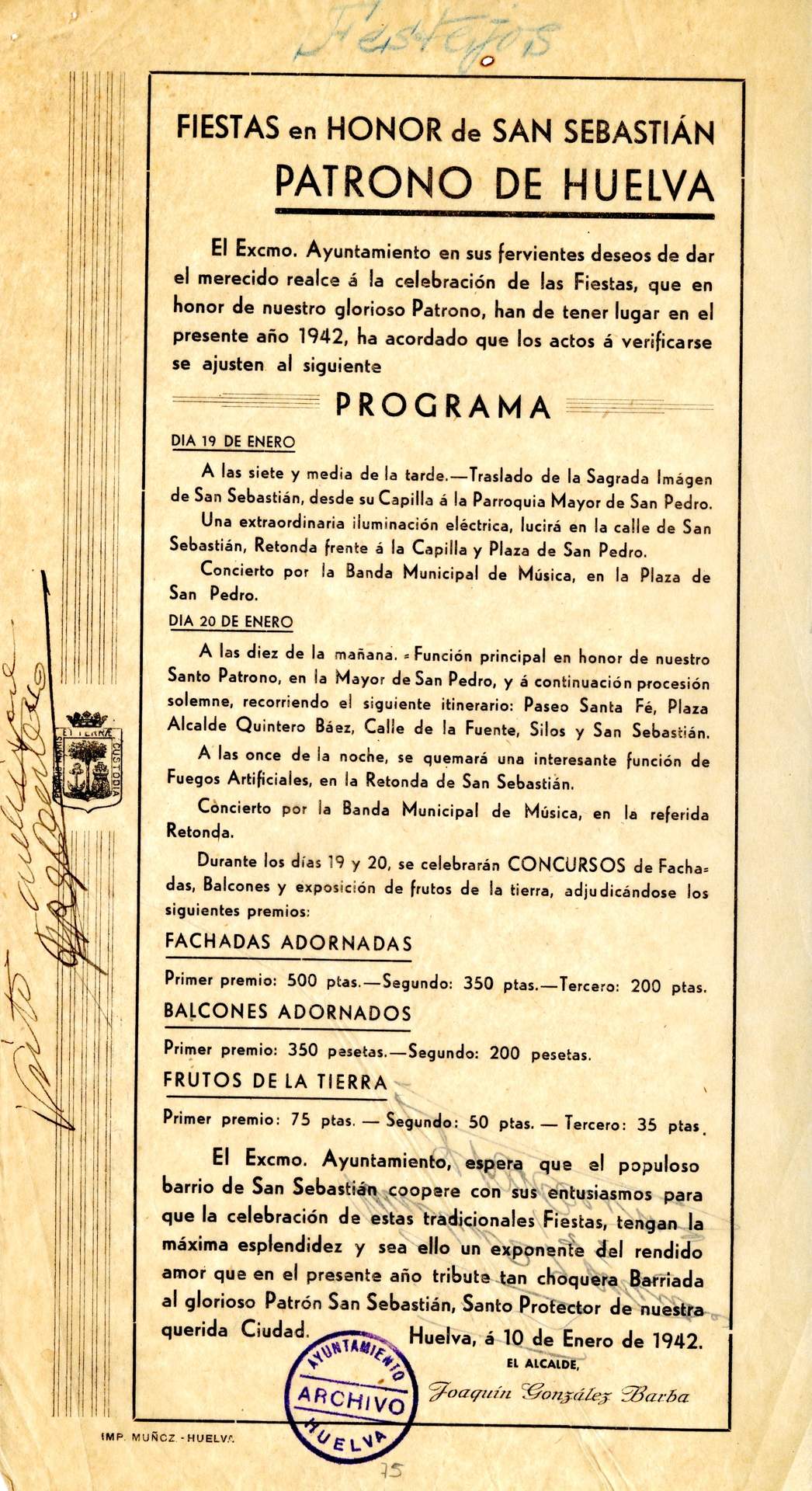 Programa de Fiestas de 1942 que incluye la celebración de concursos de fachadas y balcones adornados y frutos de la tierra (AMH-75)
