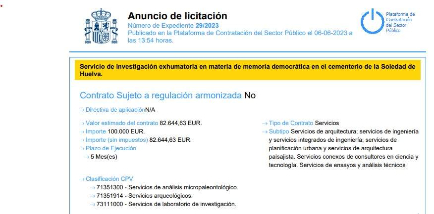 Captura de pantalla de la licitación