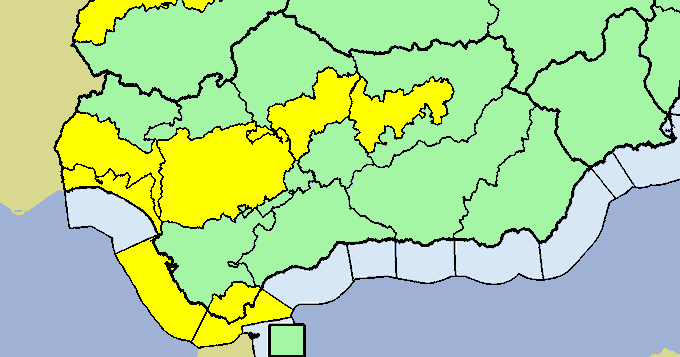 Mapa de avisos, con Huelva en amarillo