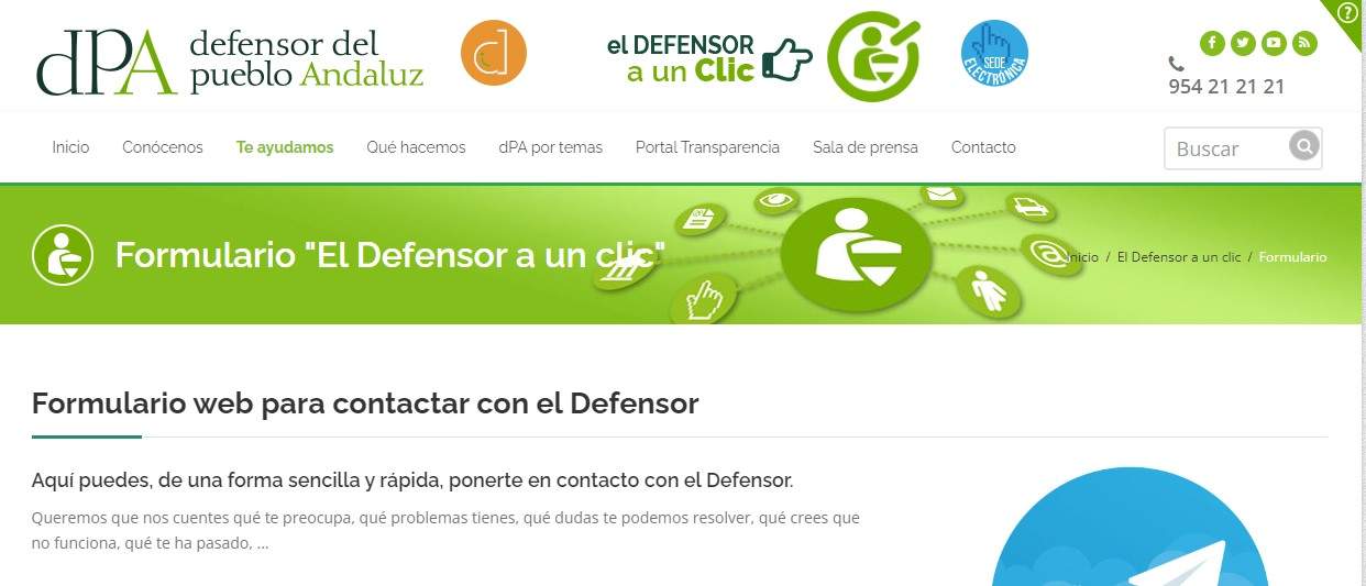 Captura de pantalla de la web del Defensor del Pueblo: Con acceso en esta dirección:
https://defensordelpuebloandaluz.es/el-defensor-a-un-clic-formulario