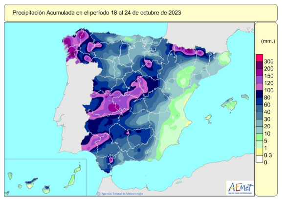 Mapa de precipitaciones en los últimos días, con la provincia onubense como zona destacada