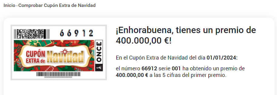 Captura de pantalla de cupón premiado