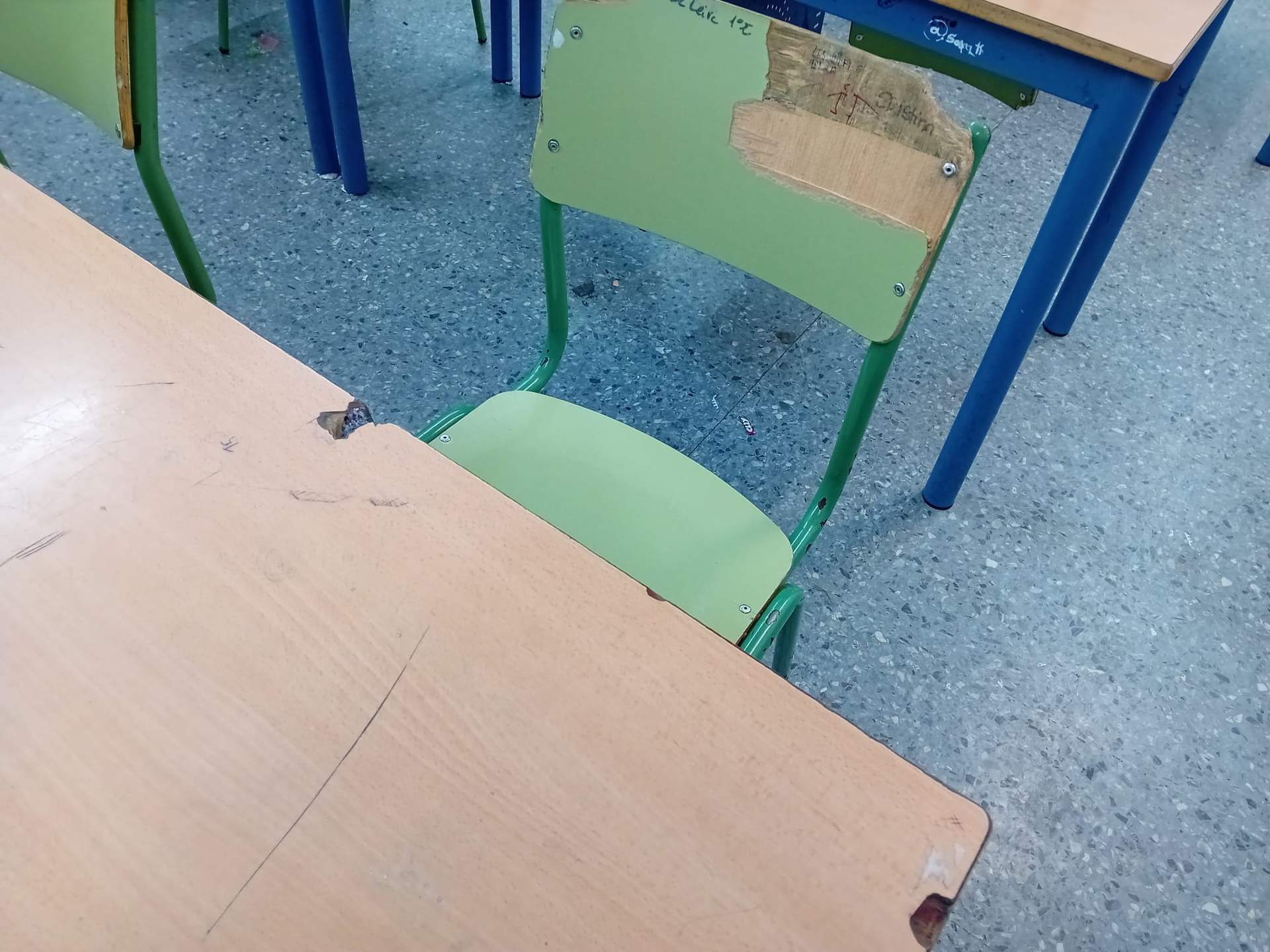 Pupitres y sillas en pésimo estado