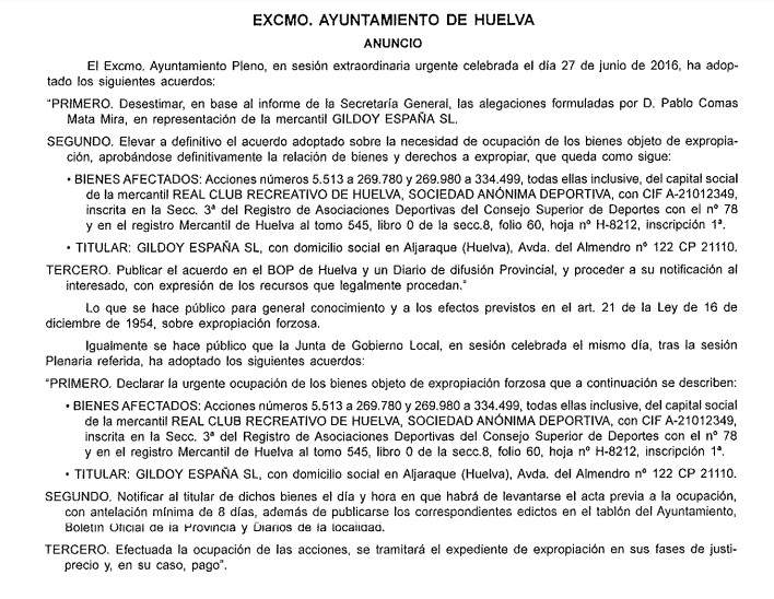 Anuncio de Expropiación