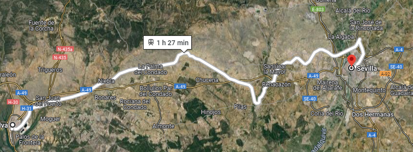Trayecto Huelva-Sevilla por tren, con la famosa curva de Aznalcázar en forma de 'V' junto a Pilas