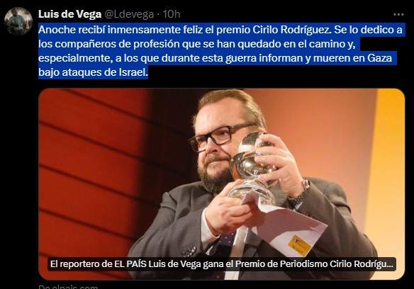 Captura de pantalla del mensaje de Luis de Vega