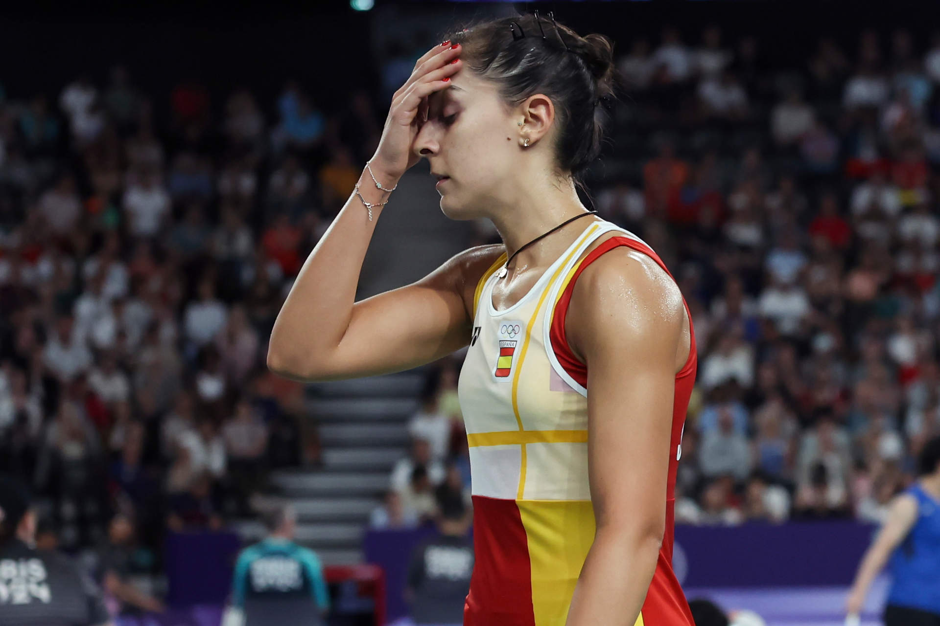 Las malas sensaciones de Carolina Marín en el primer set.