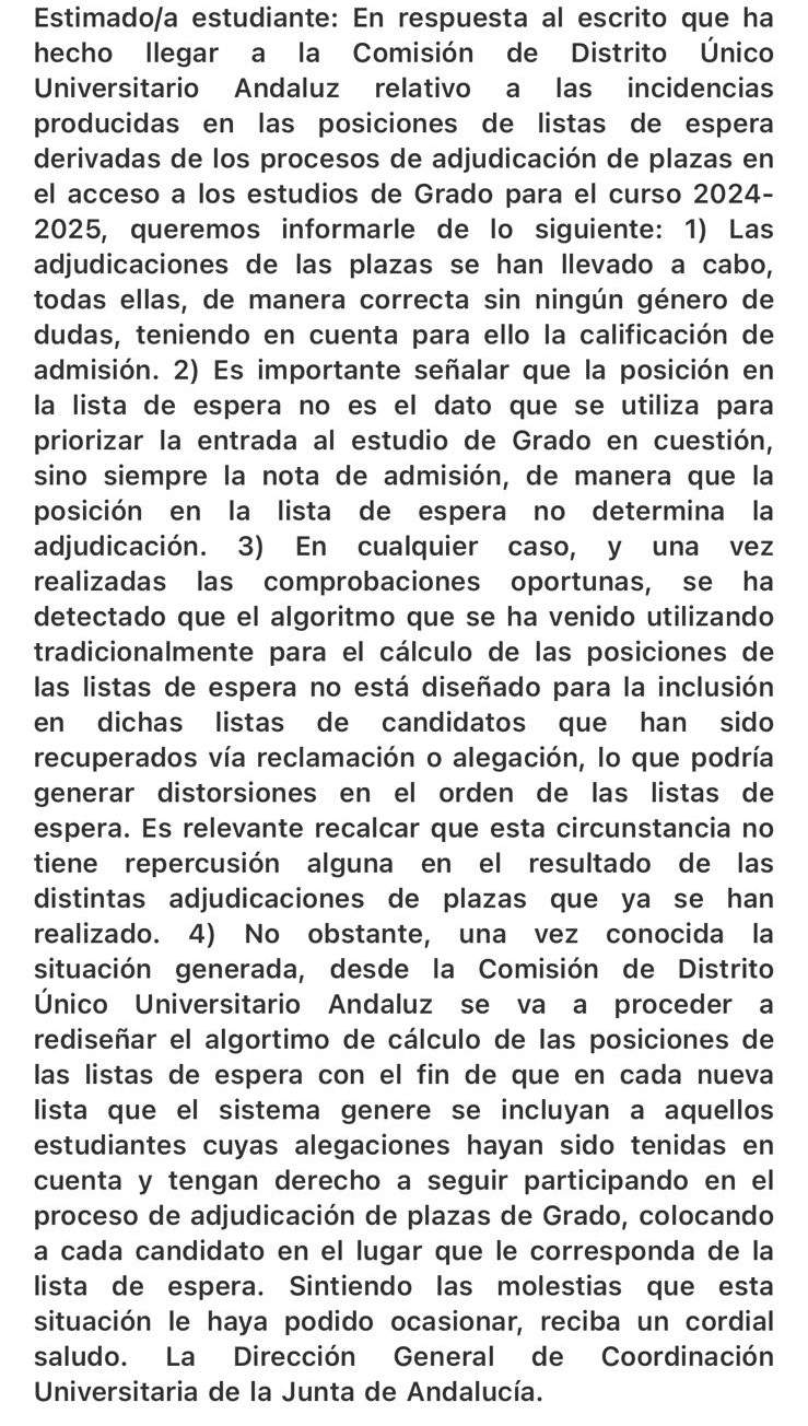 Escrito/mensaje enviado por la Junta y el DUA a l@s afectados en el proceso de adjudicación de plazas en los Grados