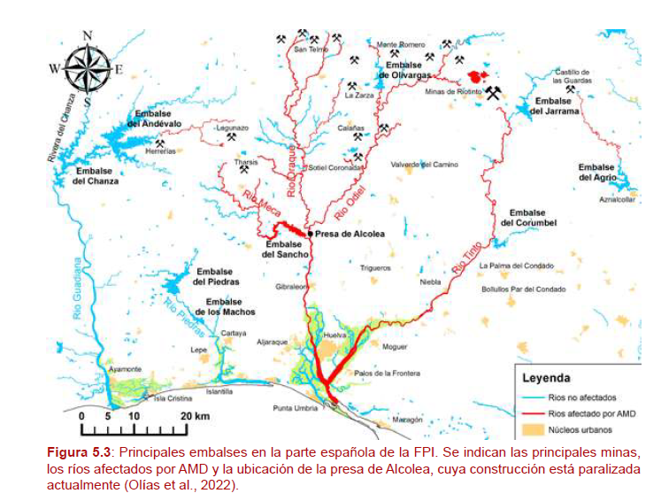 Cuencas y vertientes de Huelva afectadas por drenaje ácido de minas