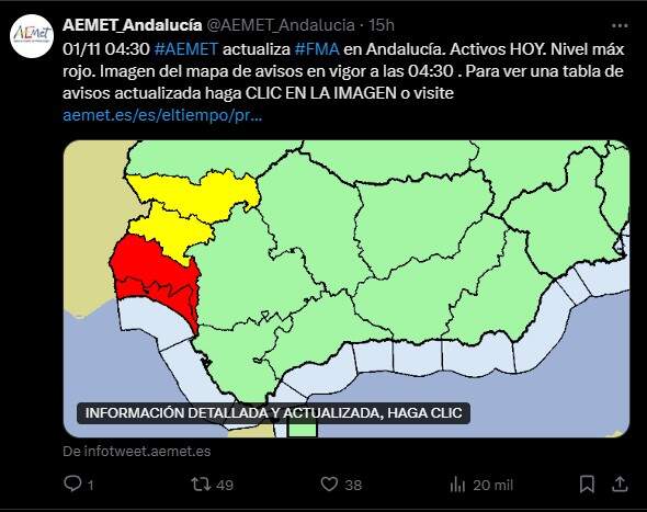 Captura de pantalla de la hora de Aviso Rojo emitido por AEMET