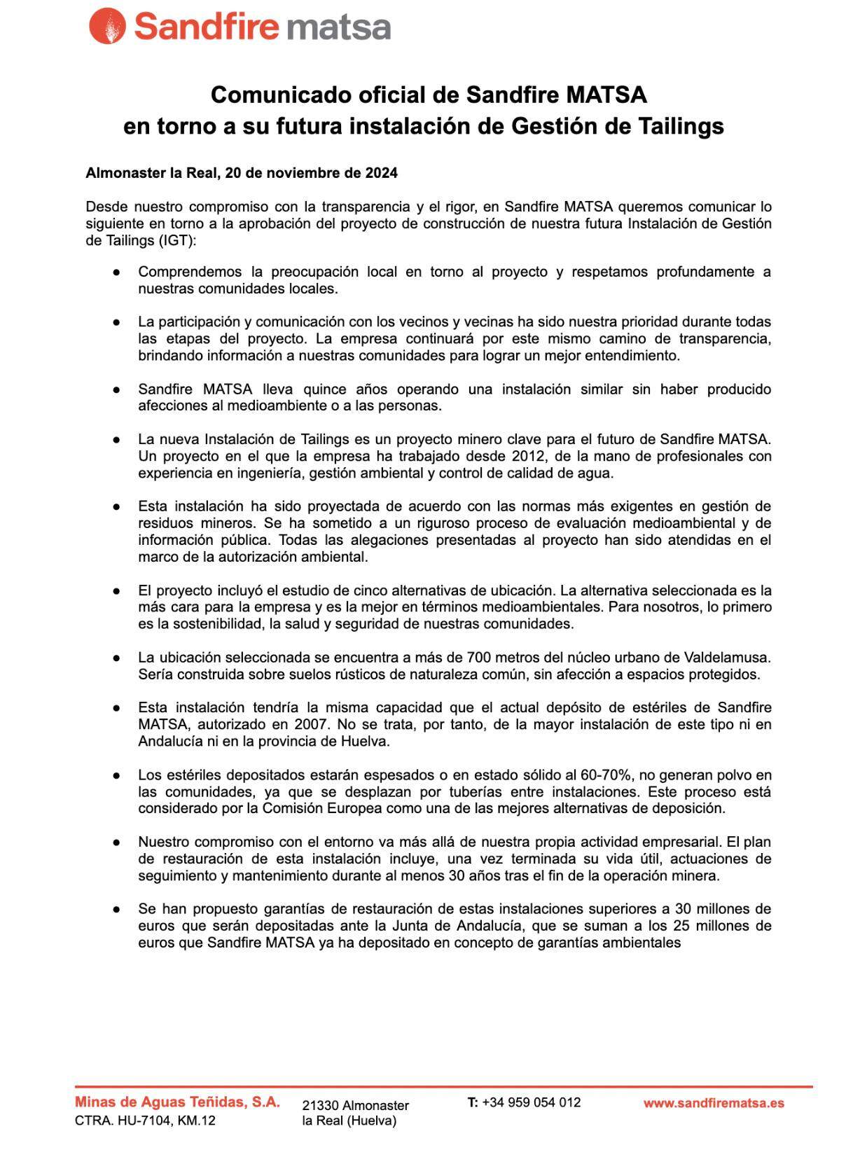Comunicado de MATSA