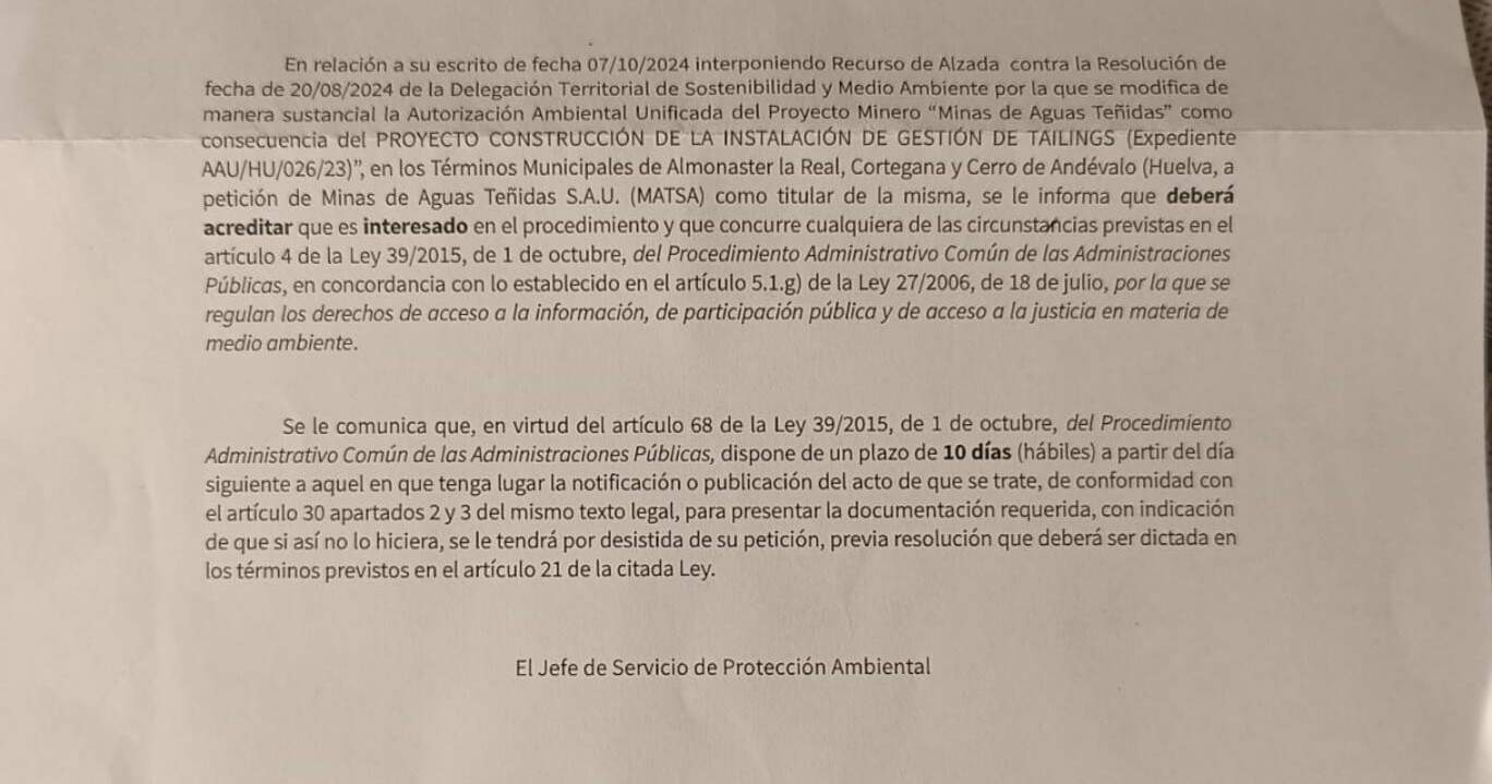 Carta enviada por la Junta