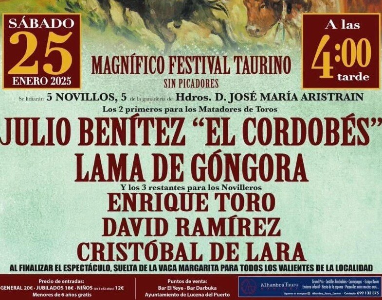 Base del cartel invitando a los menores gratis a los toros