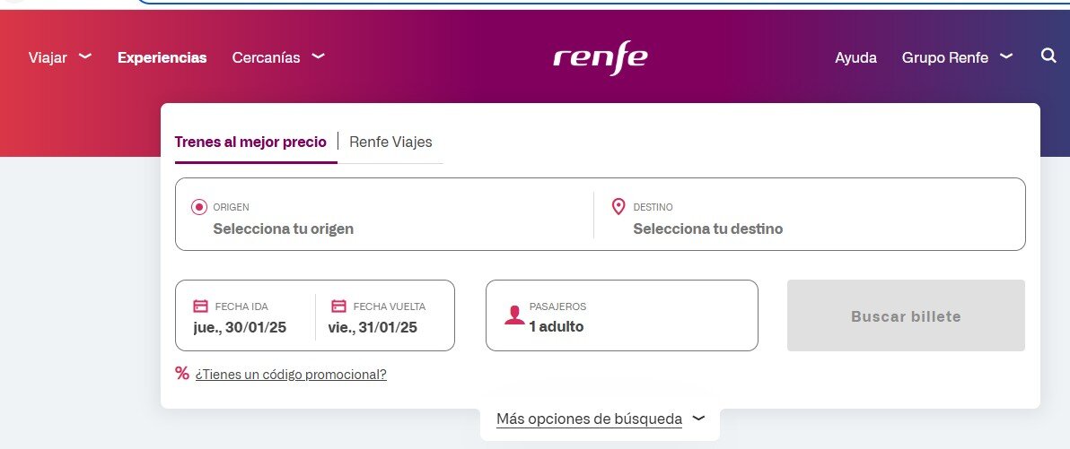 Captura de pantalla de la web de Renf renfe.com