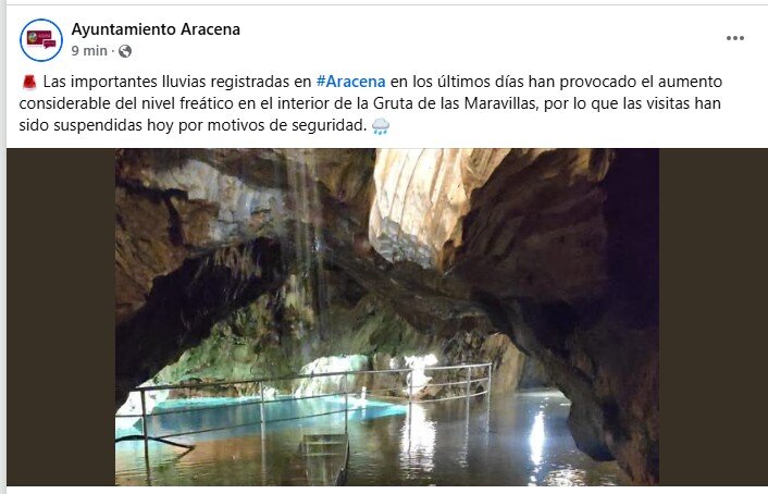 Inundada Gruta Aracena y cerrada