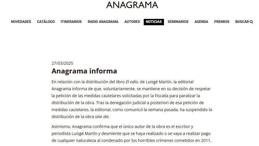 Captura de pantalla del encabezamiento del comunicado de Anagrama
