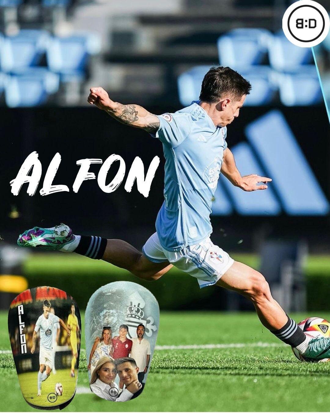Alfon jugador albaceteño del Celta, ha apostado por el producto estrella de ´Balón Dividido´ sus espinilleras.