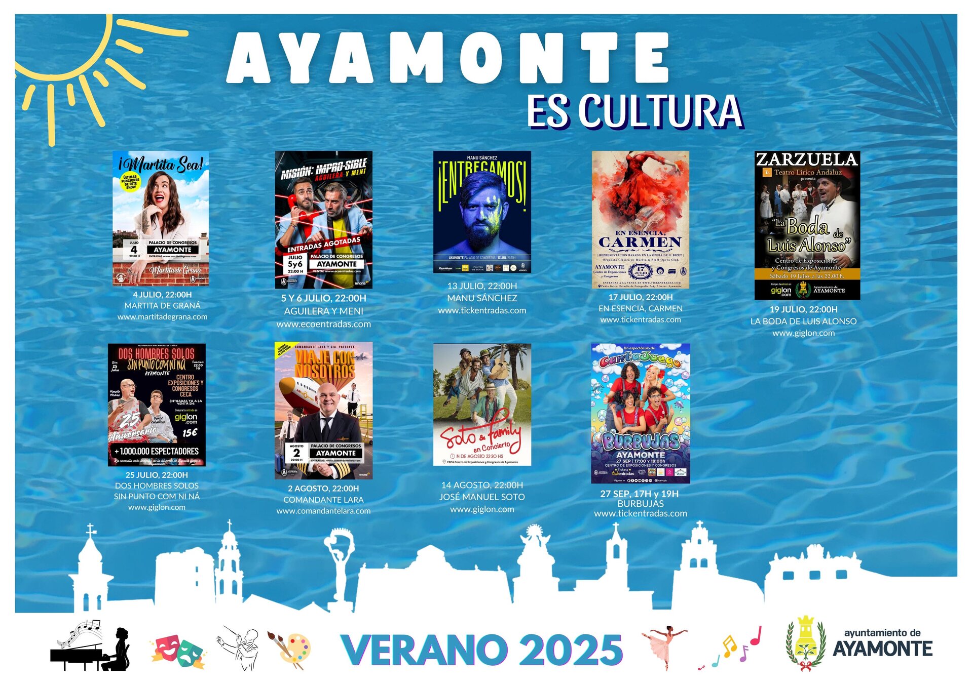 Carteles de las actuaciones que tendrán lugar en Ayamonte este verano.