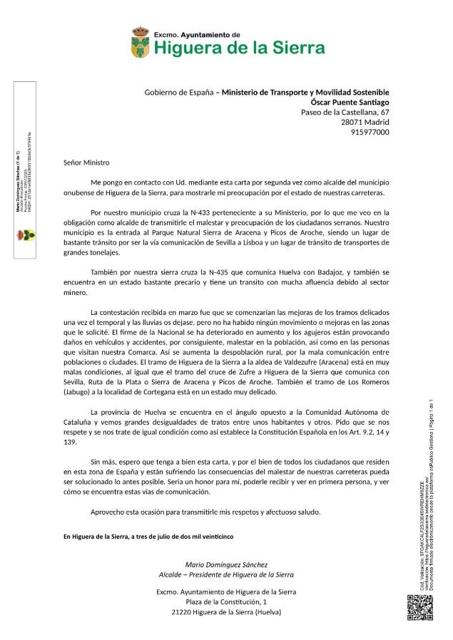 Carta del alcalde de Higuera de la Sierra al ministro Óscar Puente.