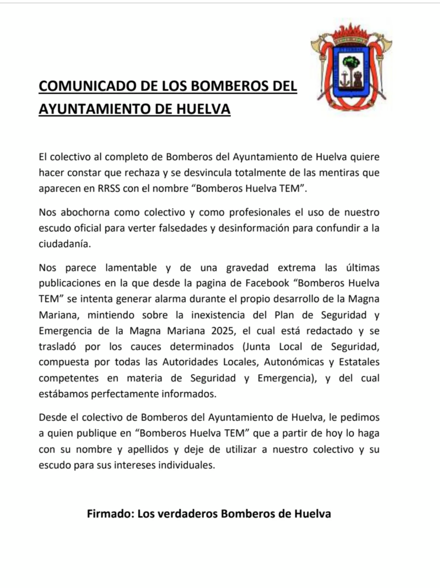 Comunicado de los Bomberos del Ayuntamiento de Huelva en redes sociales.