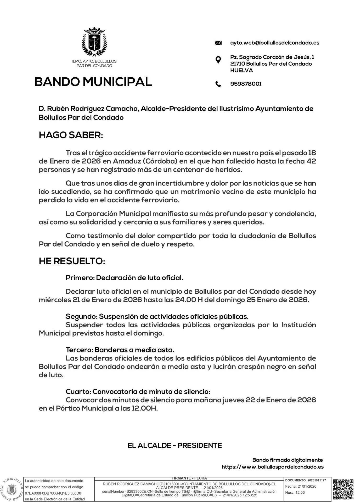 Bando oficial del Ayuntamiento de Bollullos Par del Condado.