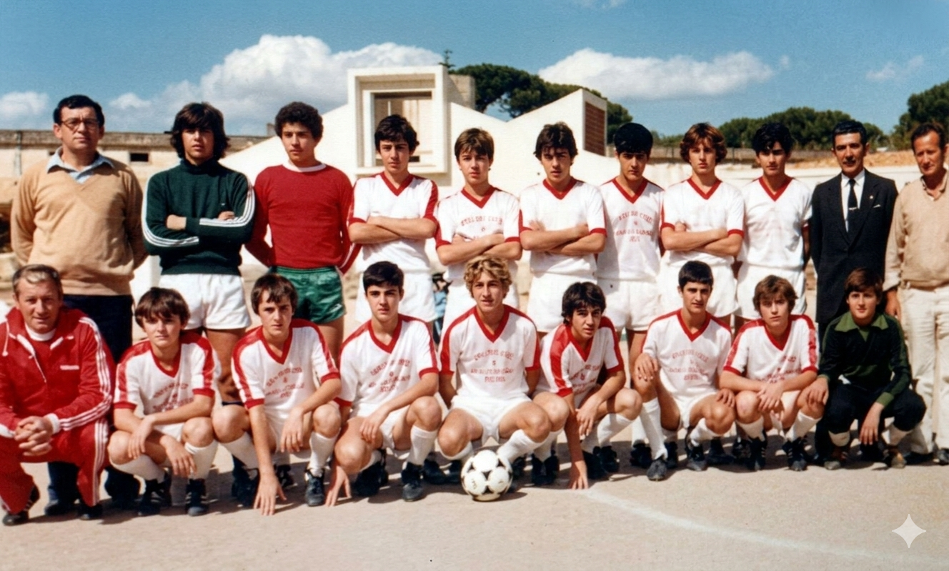 Once de la época, donde se aprecia en las camisetas el patrocinio de Grúas Parra, empresa muy vinculada a ayudar clubes deportivos en aquella década .