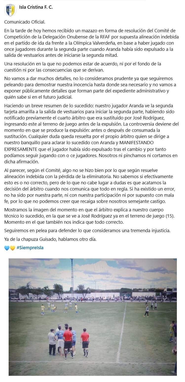 El comunicado oficial del Isla Cristina FC