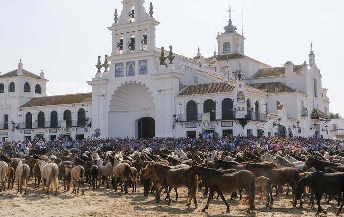 Miles de personas se concentran en El Rocío para asistir a la Saca de las Yeguas