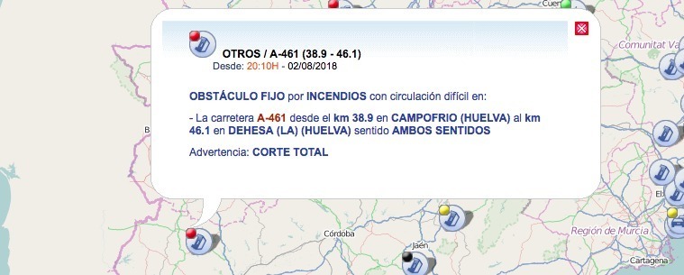 El incendio de Nerva obliga a cortar la A-461 entre La Dehesa y Campofrío
