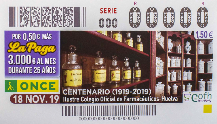 El cupón de la ONCE celebra el Centenario del Colegio de Farmacéuticos de Huelva