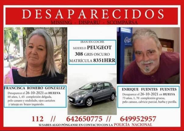 Cartel de la desaparición de Paqui y Enrique tras conocerse su desaparición